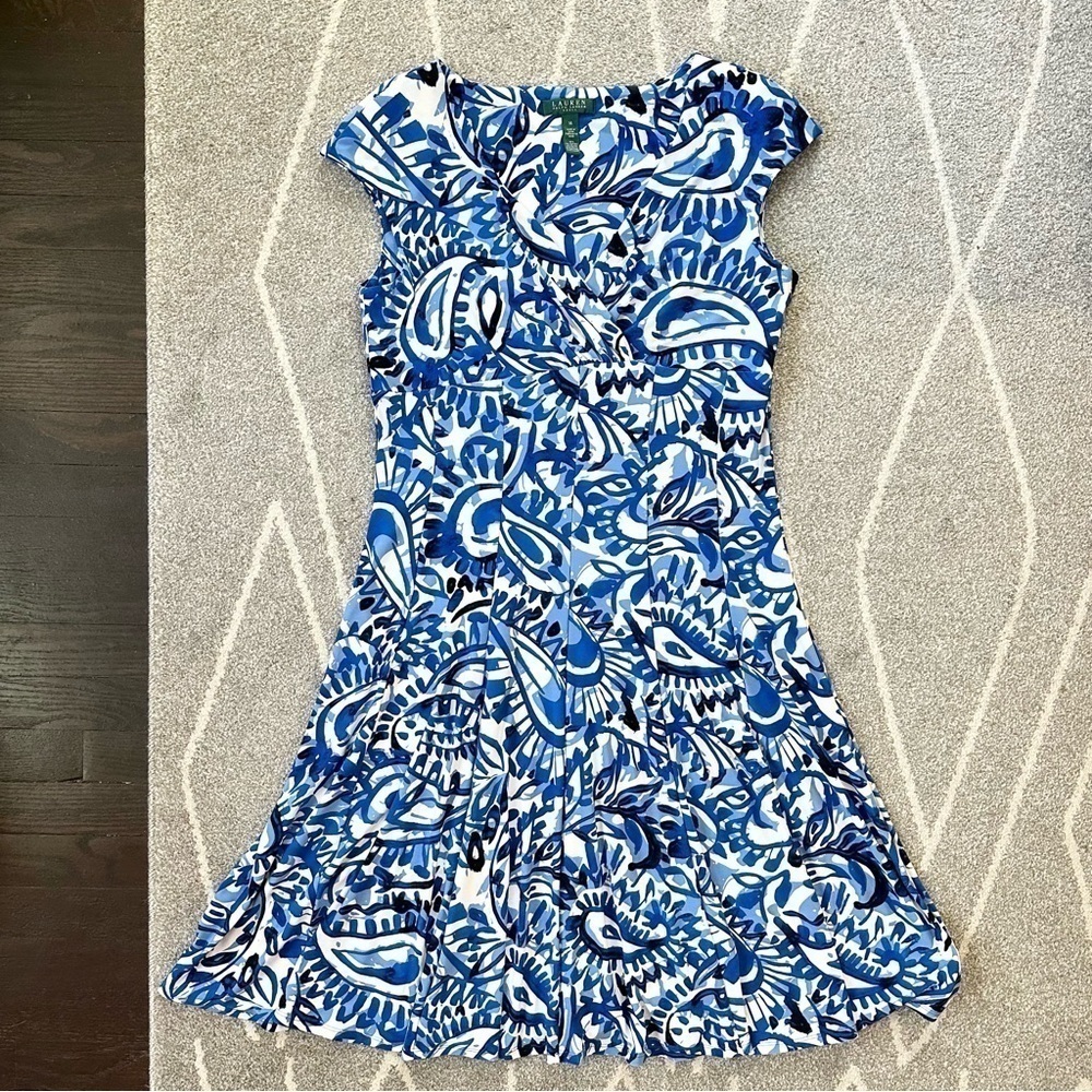Lauren Ralph Lauren Blue V-Neck Stretch Paisley Print A-line Dress